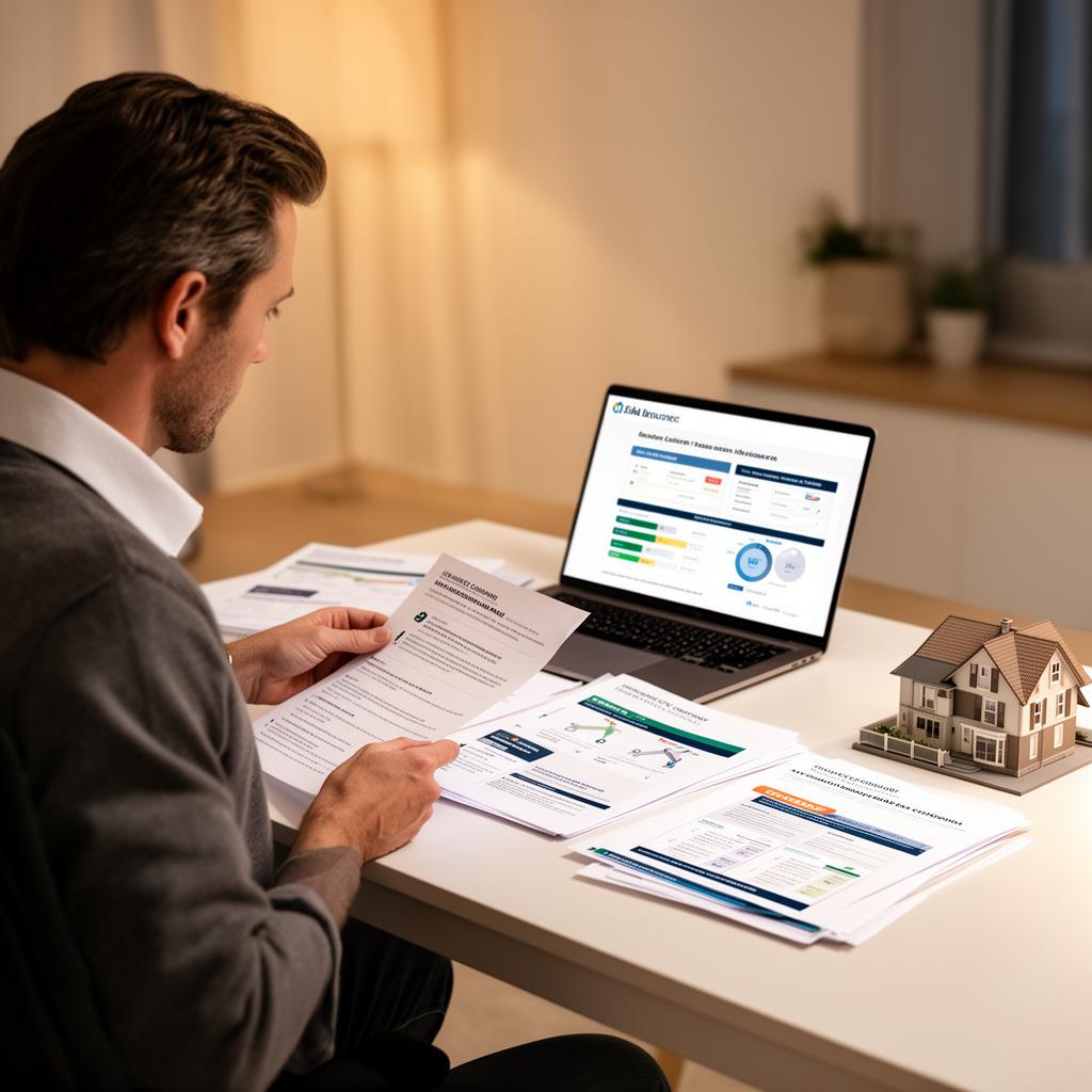 Homeowner reviewing mortgage protection insurance company options and comparison documents at a desk