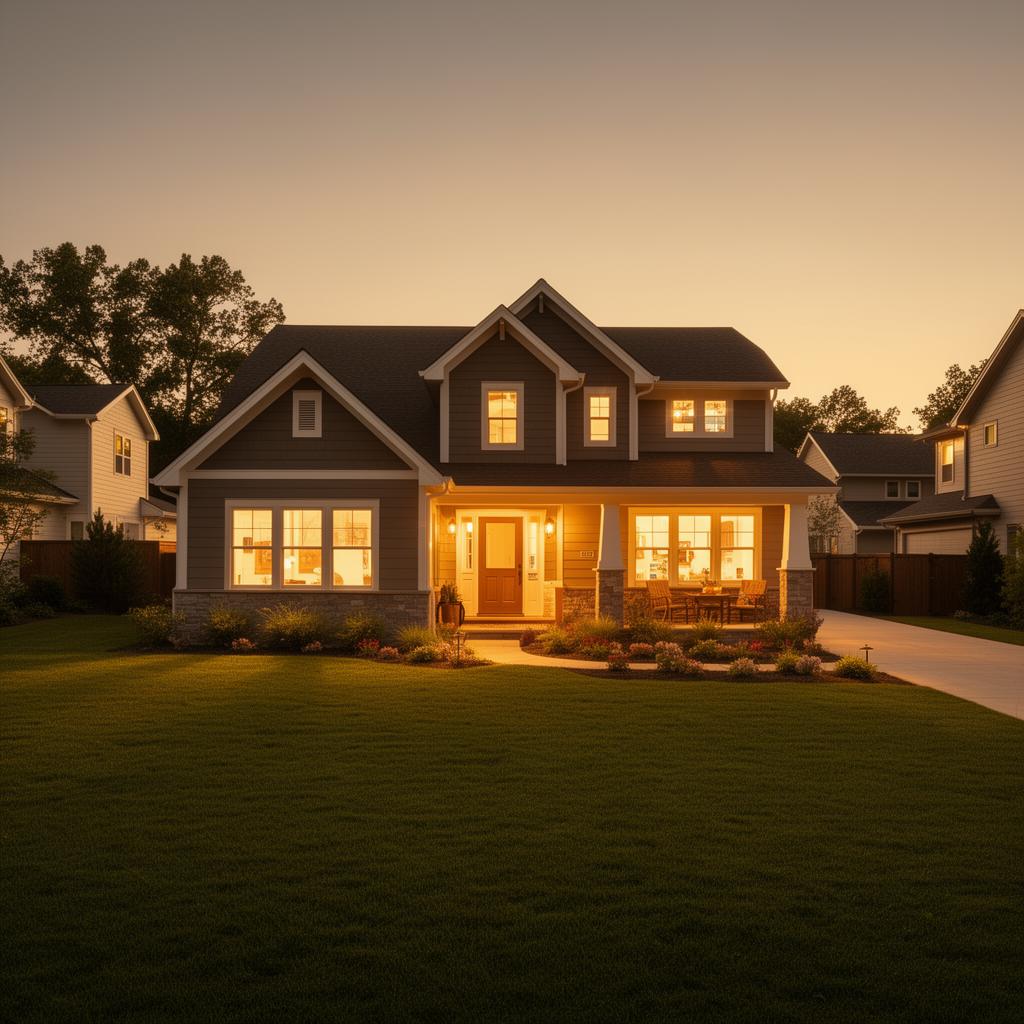 Family home at dusk with warm interior lights glowing through windows, representing home protection and family security