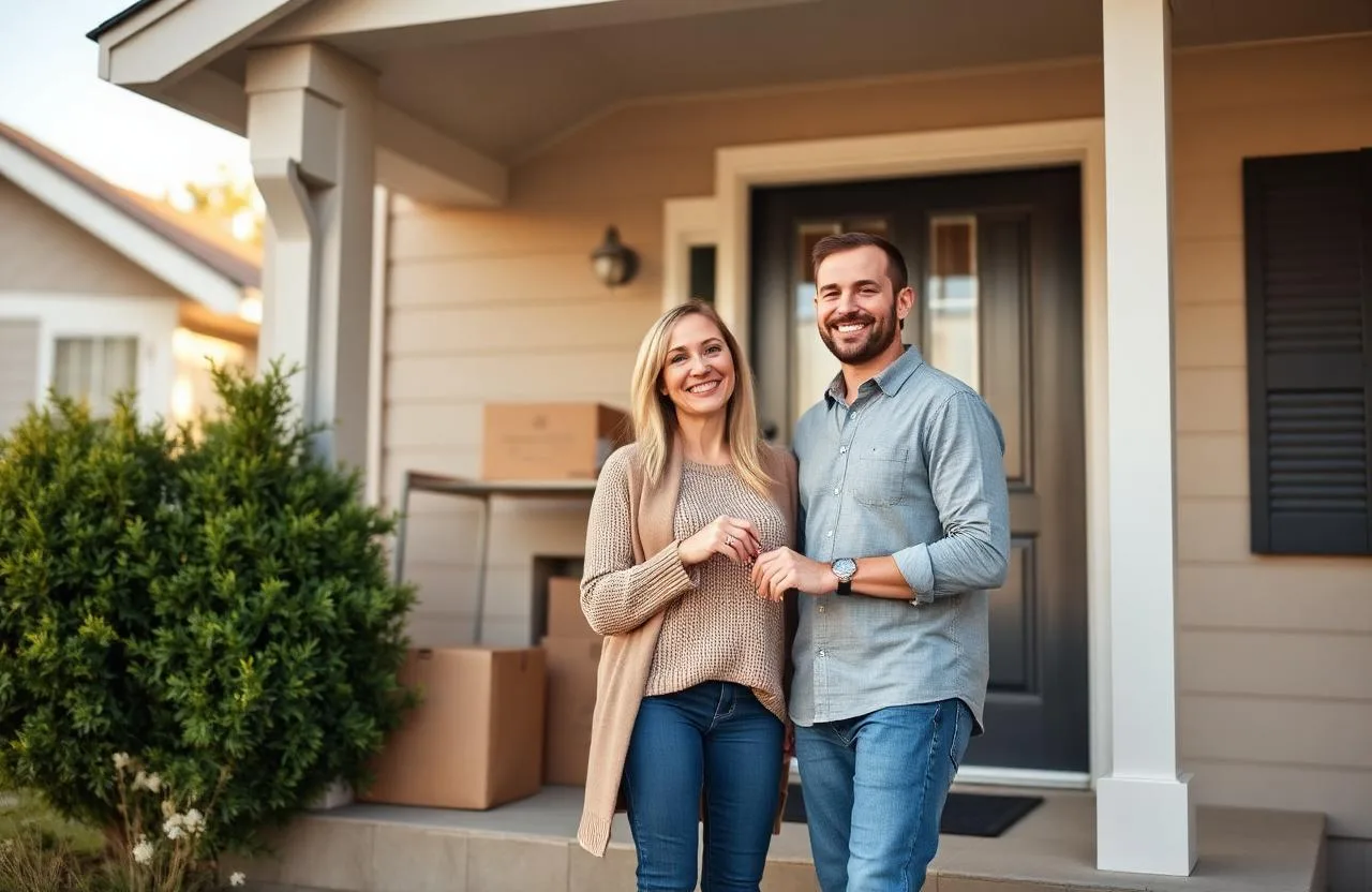 First-time homebuyers holding the keys to their new house