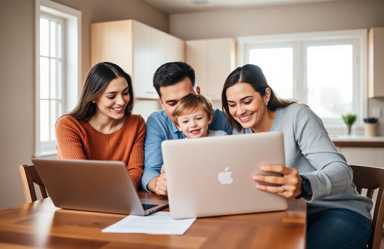 Young homeowner family at their kitchen table reviewing how mortgage protection insurance works on a laptop