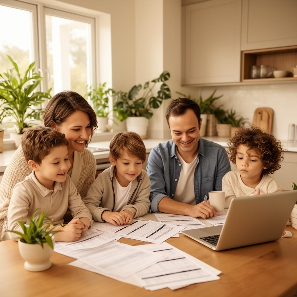 Family reviewing financial documents and laptop together at kitchen table, representing life insurance planning for homeowners