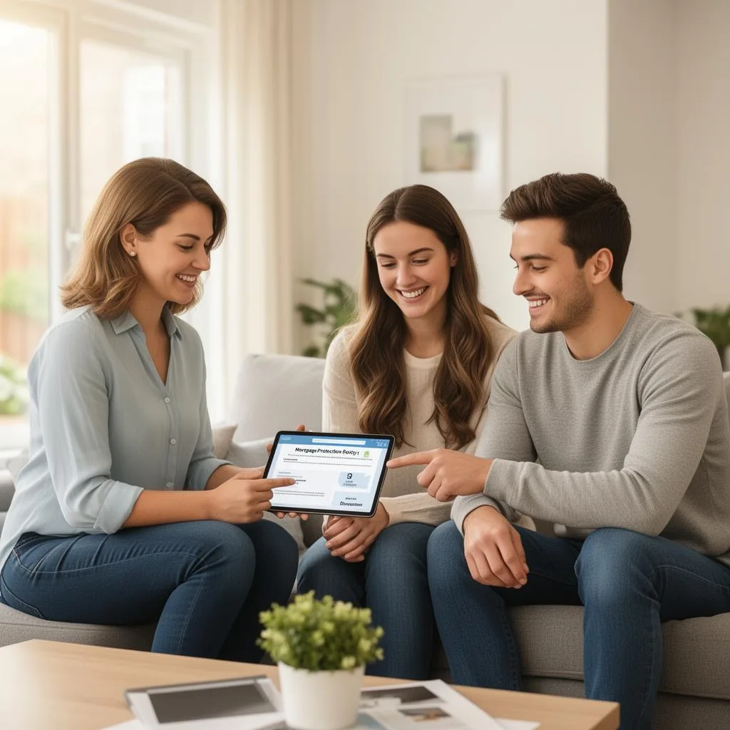 Insurance advisor walking a young homeowner couple through a mortgage protection policy on a tablet in their living room