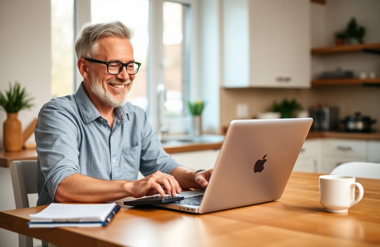 Homeowner at a kitchen table using a laptop and calculator to estimate mortgage protection insurance cost