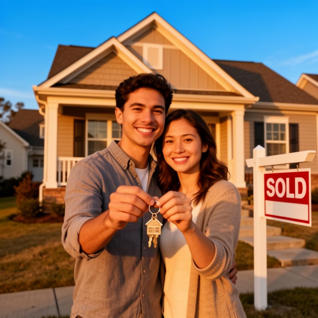 First-time homebuyers holding keys in front of their new home, considering mortgage protection insurance