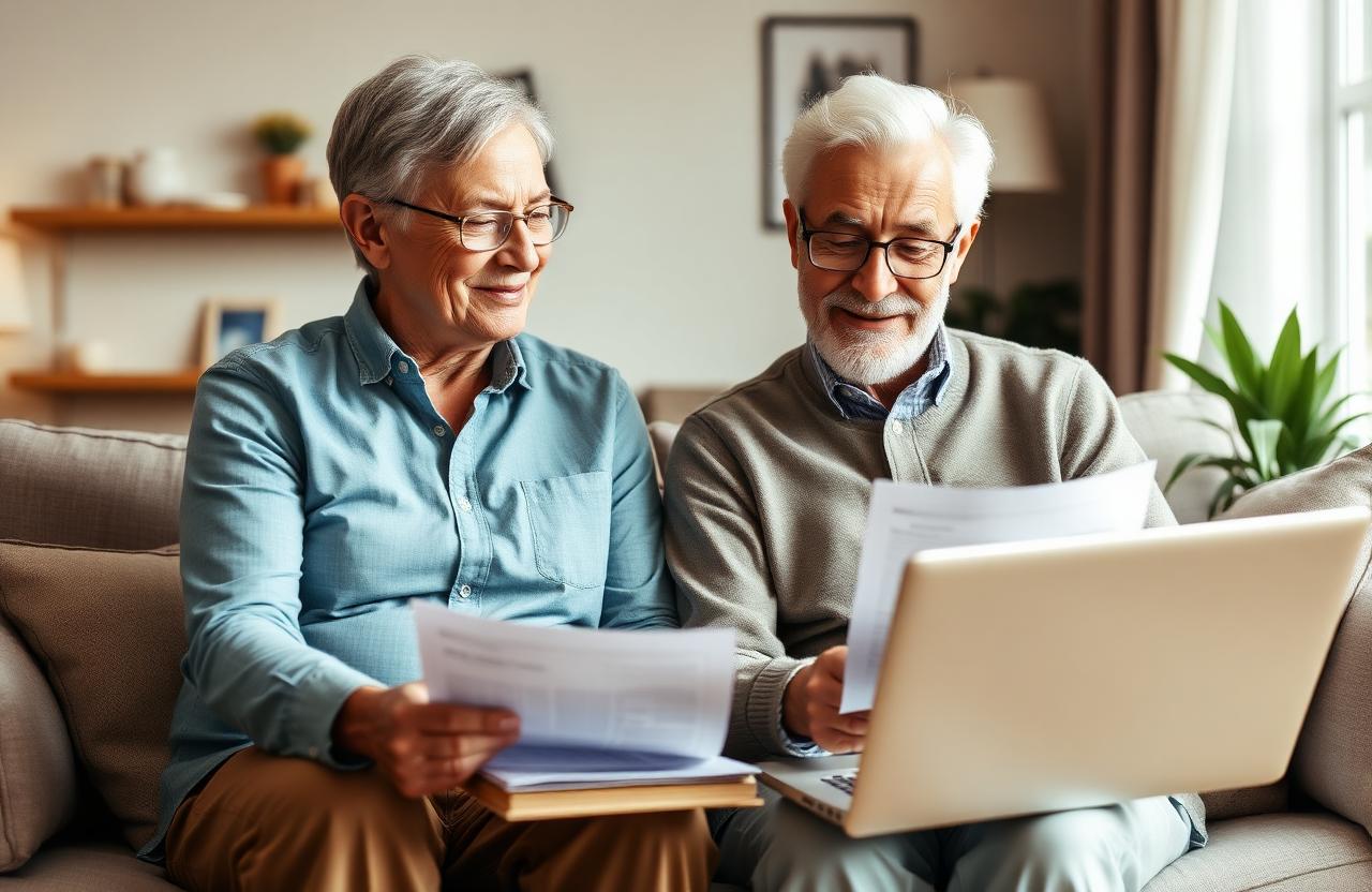 Senior couple reviewing mortgage protection insurance documents together on a sofa at home