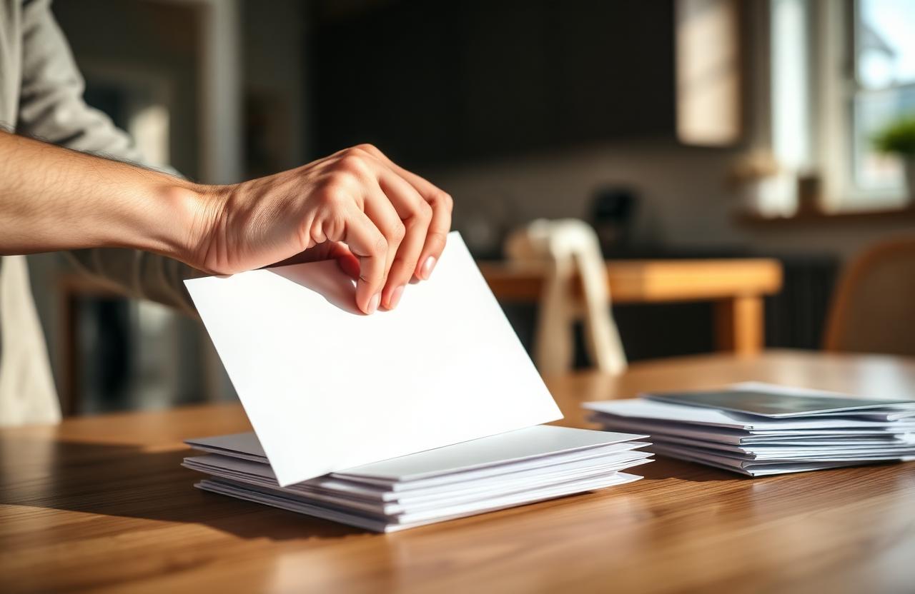 Homeowner opening a mortgage protection insurance letter at a kitchen table