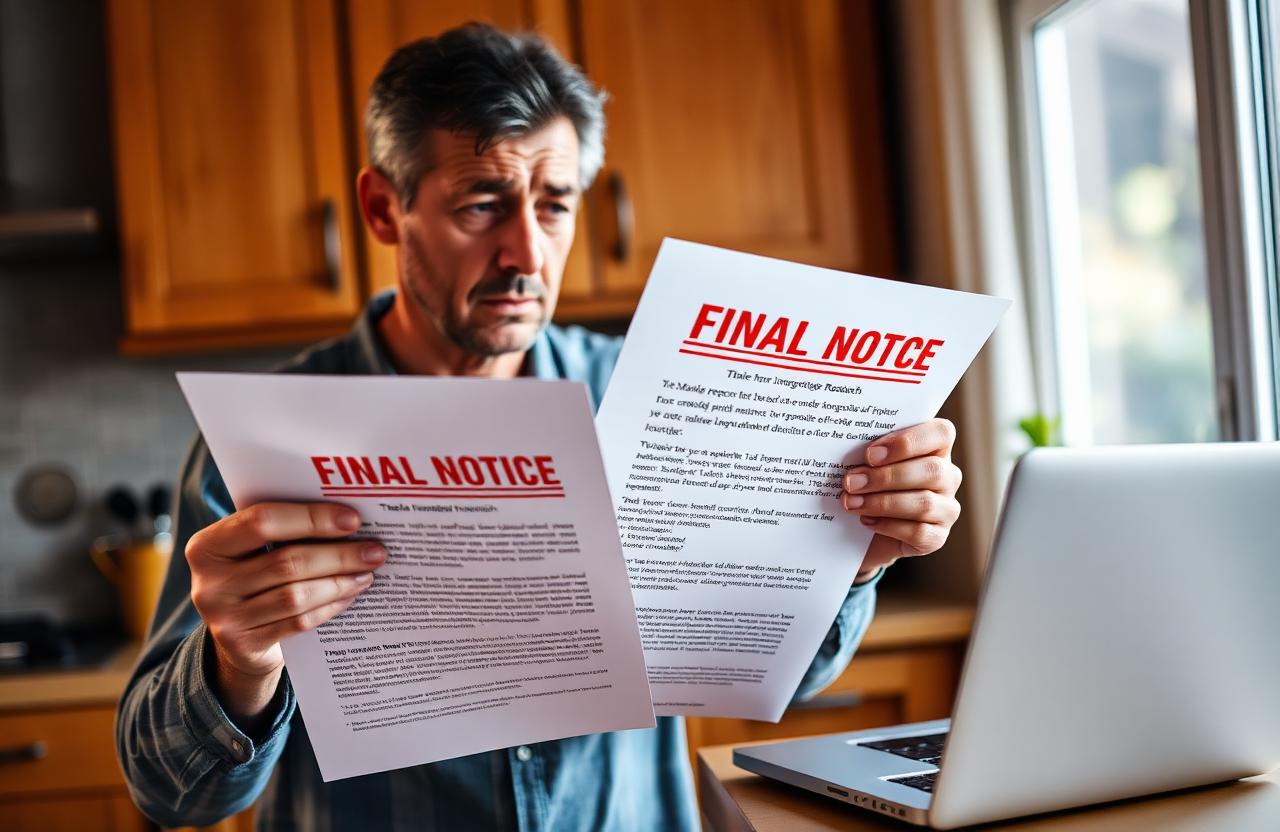A worried homeowner holding an official-looking mortgage protection letter that says Final Notice, standing at their kitchen counter with a laptop showing insurance research