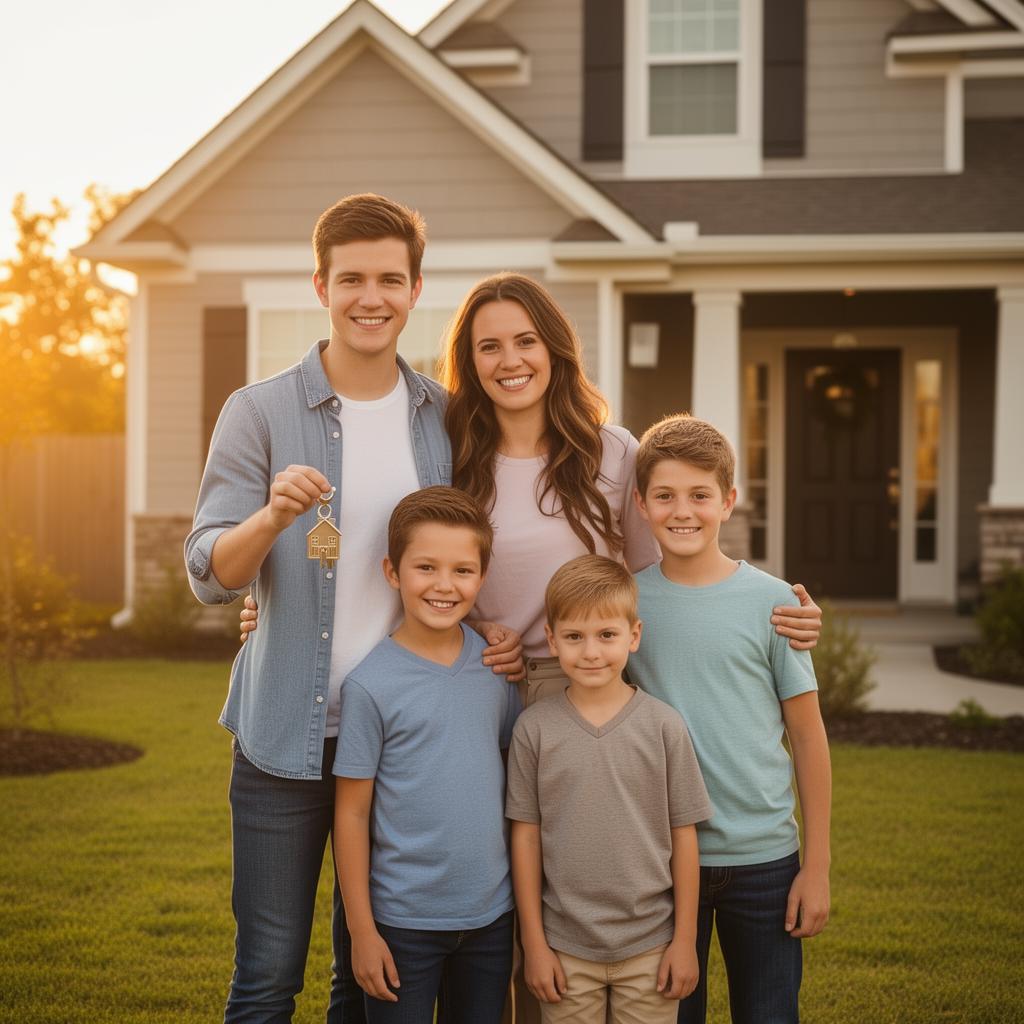 Happy family standing in front of their new home with house keys, representing life insurance protection for homeowners
