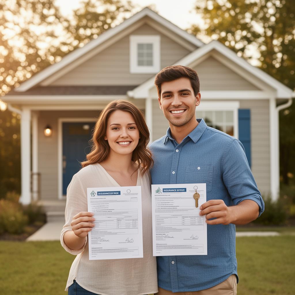 Happy couple standing in front of their new home with insurance policy documents and house keys