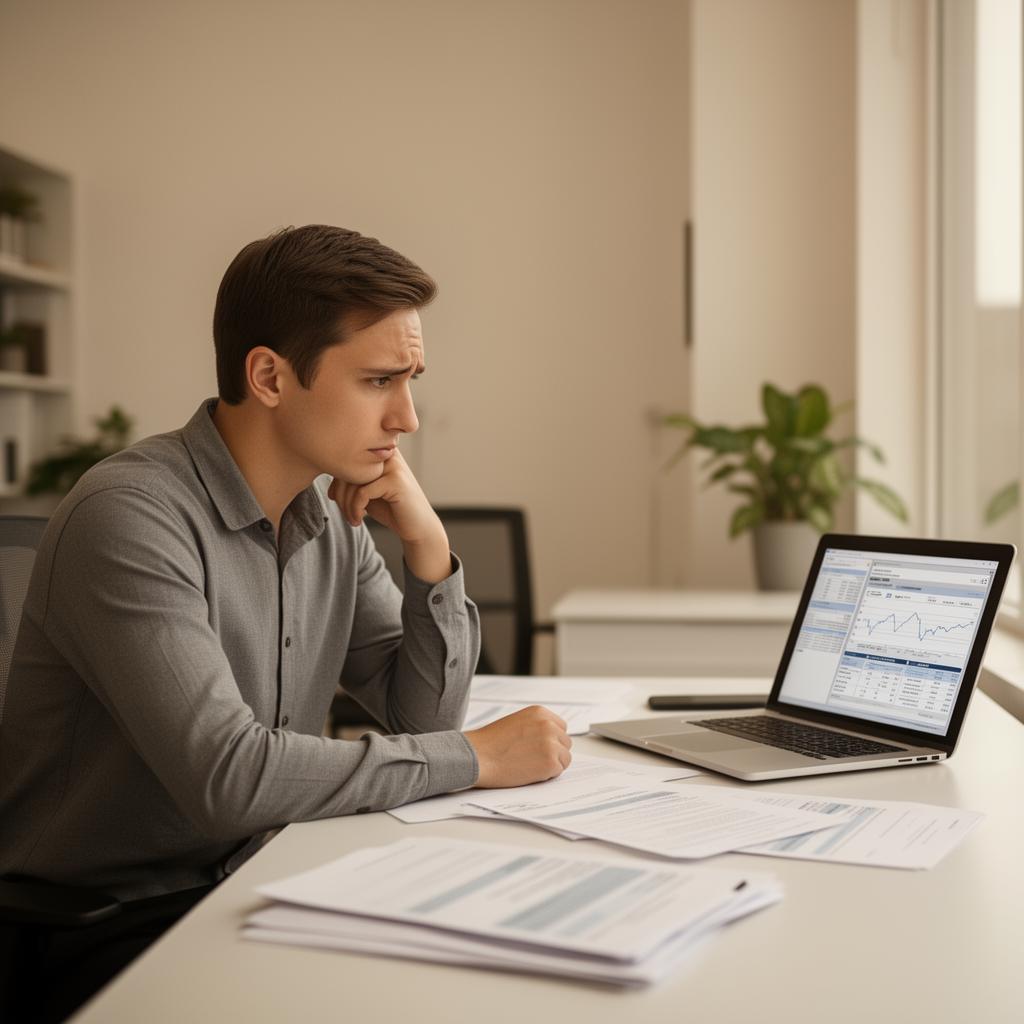 Employee reviewing financial documents and employer life insurance paperwork at a desk